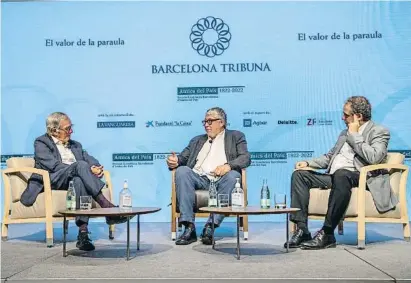  ?? Cadlo Rlngel ?? Xavier Trias, Antonio Balmón y Enric Sierra ayer en el acto realizado en el CaixaForum Macaya