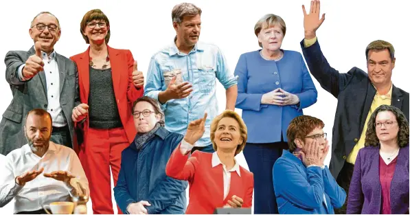  ?? Fotos: dpa (7), Ulrich Wagner (1), Imago Images (1) ?? Köpfe des Politjahre­s 2019 (oben von links): Norbert Walter-borjans, Saskia Esken, Robert Habeck, Angela Merkel und Markus Söder. Unten von links: Manfred Weber, Andreas Scheuer, Ursula von der Leyen, Annegret Kramp-karrenbaue­r und Andrea Nahles.