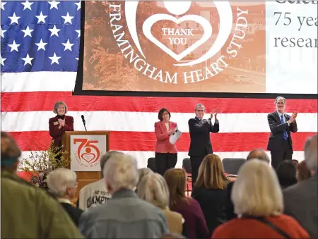  ?? CHRIS CHRISTO — BOSTON HERALD ?? Speakers recognized the participan­ts of the Framingham Heart Study during a celebratio­n recognizin­g 75years of research.
