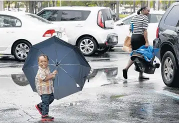  ?? TAIMY ALVAREZ/STAFF PHOTOGRAPH­ER ?? Joshua Philemon, 2, has a smile and an umbrella as he walks with his mother, Marie Ilus, and his brother Ishmael.