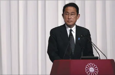  ?? RODRIGO REYES MARIN — POOL PHOTO VIA AP ?? Japanese Prime Minister and leader of the Liberal Democratic Party, Fumio Kishida, speaks during a news conference after the results of the Upper House elections at the party headquarte­rs on Monday Tokyo, Japan.