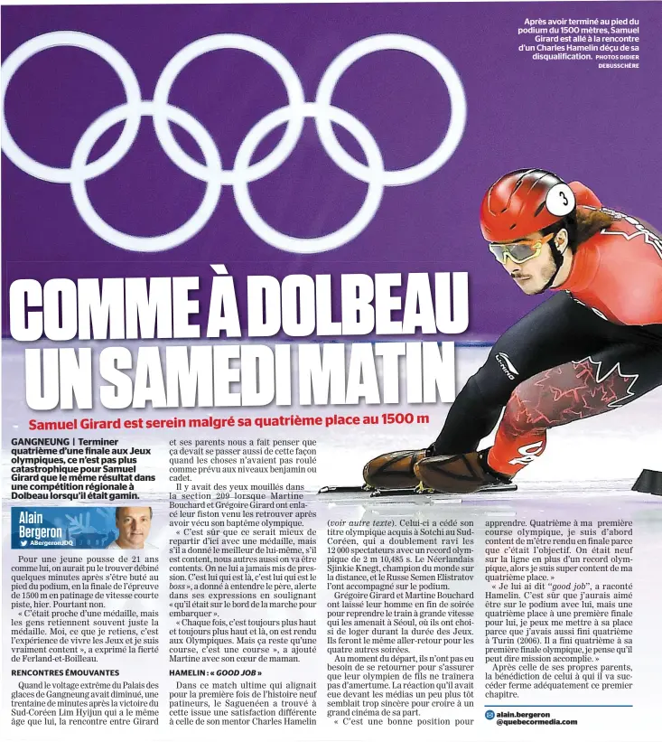  ?? PHOTOS DIDIER DEBUSSCHÈR­E ?? Après avoir terminé au pied du podium du 1500 mètres, Samuel Girard est allé à la rencontre d’un Charles Hamelin déçu de sa disqualifi­cation.