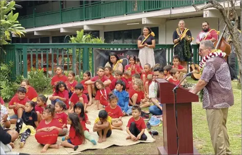  ?? County of Maui / Shane Tegarden photos ?? Mayor Michael Victorino speaks at a program on Friday in Iao Valley as the county will acquire properties that house the Hawaiian Language School Ke Kula o Pi‘ilani and the Hawai‘i Nature Center. The center, owner of the properties, will continue as a tenant and the school will negotiate a new long-term lease agreement with the county.