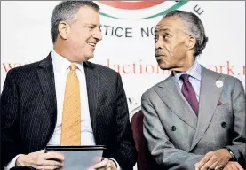  ??  ?? TOO TIGHT: Mayor de Blasio’s cozy relationsh­ip with the Rev. Al Sharpton has angered some members of the city’s black community.
