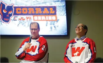  ?? LEAH HENNEL ?? Former Wranglers stars Dana Murzyn and Kelly Kisio shared their memories of “old-time junior hockey” in Calgary when they spoke at the Corral Series Luncheon last month.