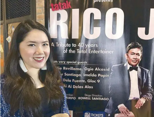  ??  ?? Tosca PunoRamos beside the poster for her dad Rico J. Puno’s Dec. 2 Solaire concert and (below) with Rico: ‘As a father, he is mabait, hindi ka niya matitiis. He has changed a lot after he recovered from an openheart surgery in which he temporaril­y...