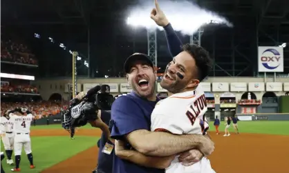  ??  ?? Houston’s José Altuve, right, and pitcher Justin Verlander celebrate after winning Game 6 of the American League Championsh­ip Series against the New York Yankees. Photograph: Matt Slocum/AP