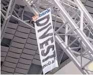  ?? ANDY CLAYTON-KING/ASSOCIATED PRESS ?? Protesters against the Dakota Access Pipeline rappel from the catwalk at U.S. Bank Stadium in Minneapoli­s during the Minnesota Vikings-Chicago Bears game Sunday.