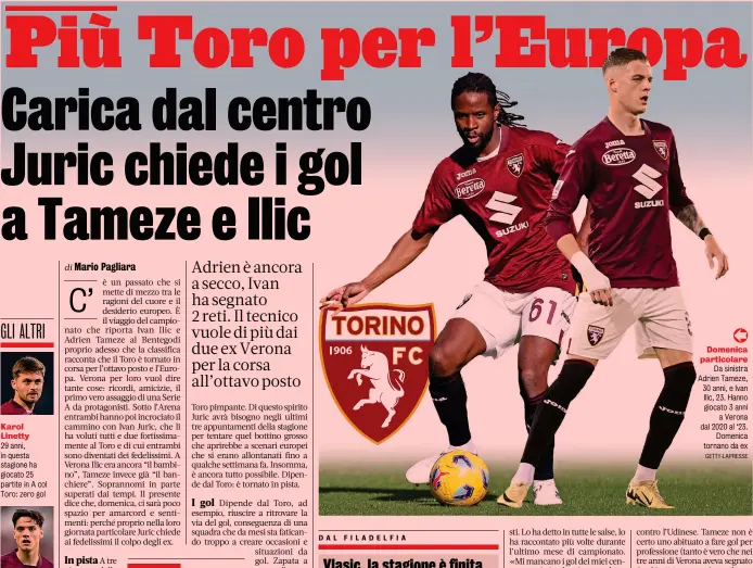  ?? GETTY-LAPRESSE ?? Domenica particolar­e Da sinistra Adrien Tameze, 30 anni, e Ivan Ilic, 23. Hanno giocato 3 anni a Verona dal 2020 al ‘23. Domenica tornano da ex