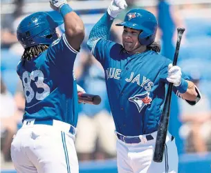  ?? JASON BEHNKEN THE ASSOCIATED PRESS ?? Top Blue Jays prospects Vladimir Guerrero Jr., left, and Bo Bichette would be logical candidates for the kind of long-term contract extensions handed out in recent days.