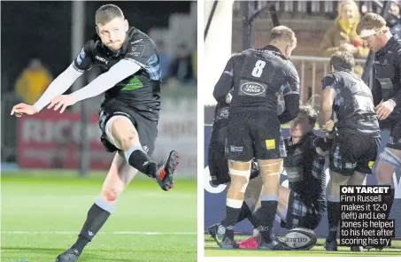  ??  ?? BULLET Rest of caption in here thanks capON TARGET Finn Russell makes it 12-0 (left) and Lee Jones is helped to his feet after scoring his try