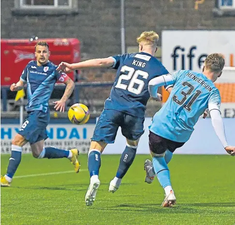  ??  ?? SUPERB SHOT: Euan Henderson lashes a marvellous effort past Raith keeper Jamie MacDonald to make it 2-0.