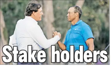  ?? AP; Getty Images ?? GREEN FEE: Masters champ Patrick Reed (inset) said Phil Mickelson (left) and Tiger Woods’ potential $10 million exhibition would have more intrigue if the pair wagered their own money.