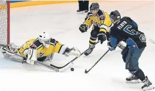  ??  ?? Dundee Tigers netminder Davey Jackson pounces on the loose puck during his side’s defeat to Kirkcaldy Kestrels.