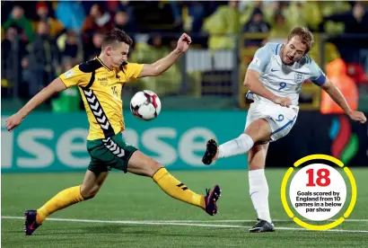  ?? AP ?? Goals scored by England from 10 games in a below par show England’s Harry Kane (right) challenges Lithuania’s Edvinas Girdvainis during their World Cup Group F qualifying match. —