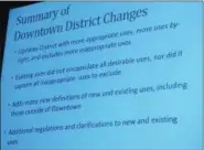  ?? EVAN BRANDT — MEDIANEWS GROUP ?? A summary of proposed changes to zoning in downtown Pottstown presented to council at the Feb. 6 council meeting by Montgomery County Planner Brian Olszak.