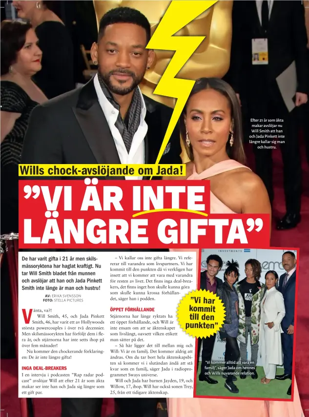  ??  ?? Efter 21 år som äkta makar avslöjar nu Will Smith att han och Jada Pinkett inte längre kallar sig man och hustru. ” Vi kommer alltid att vara en familj”, säger Jada om hennes och Wills nuvarande relation.