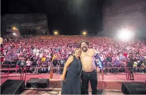  ?? Todd Rosenberg ?? JUDI MARMEL backstage with Taylor Tomlinson, and onstage at Red Rocks Amphitheat­re with Bert Kreischer, who declares, “I love Judi.”