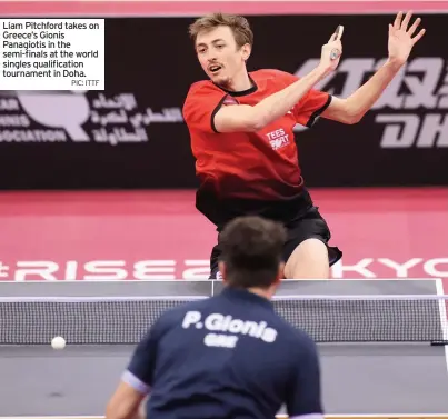  ?? PIC: ITTF ?? Liam Pitchford takes on Greece’s Gionis Panagiotis in the semi-finals at the world singles qualificat­ion tournament in Doha.
