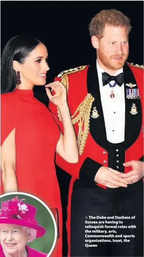  ??  ?? > The Duke and Duchess of Sussex are having to relinquish formal roles with the military, arts, Commonweal­th and sports organisati­ons. Inset, the Queen