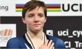  ??  ?? Kelly Catlin on the podium after winning bronze in the individual pursuit final at the 2018 world track championsh­ips. Photograph: Emmanuel Dunand/AFP/Getty Images