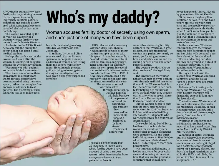  ?? — Freepik ?? the case is one of more than 20 instances in recent years where fertility doctors have been accused of using their own sperm, rather than samples from anonymous donors, to treat patients.