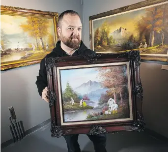  ?? WAYNE CUDDINGTON ?? Artist Marc Adornato delivers a pointed social and political commentary by painting people in HazMat suits into vintage landscapes. Each painting recalls a toxic environmen­tal incident in Canada.