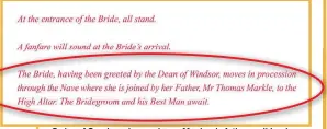  ??  ?? Order of Service, above, shows Meghan’s father walking her down the aisle. Stand By Me lyrics, below. The vows, right
