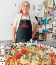  ??  ?? 4
1. Cristóbal Ponce ganó el concurso de paellas de las Fiestas del Pilar en 2012. 2 y 3. Son muchas las personas que le piden encargos con motivo de distintas celebracio­nes. 4. El onubense decora con varios motivos sus platos. 4. Una de las paellas realizadas.