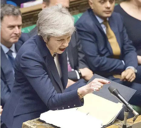  ?? AFP ?? Britain’s Prime Minister Theresa May speaks during the weekly Prime Minister’s question-and-answer session in the House of Commons in London on Wednesday.