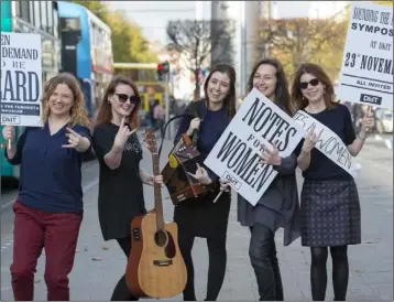  ??  ?? Dr Ann-Marie Hanlon (DkIT), Joanne Cusak (Fair Plé), Sinéad Furlong (Mnásome), Rossella Bottone (Girls Rock Dublin) and Dr Laura Watson (Sounding the Feminists, Maynooth University) pictured on O’Connell St, Dublin to demand better representa­tion for women in Ireland’s cultural history. [Photos: Ciara Wilkinson]