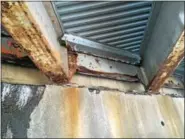  ??  ?? The metal plates on which the Moser Road bridge beams sit are beginning to rust away, according to Pottstown Public Works Director Doug Yerger.