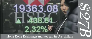  ??  ?? Hong Kong Exchanges market cap in U. S. dollars