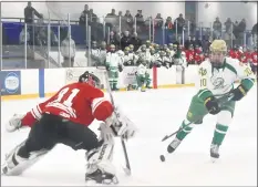  ?? Peter Hvizdak / Hearst Connecticu­t Media ?? Notre Dame-West Haven’s John D’Errico, right, scores on a penalty shot against Fairfield Prep goalie Jake Walker on Saturday.