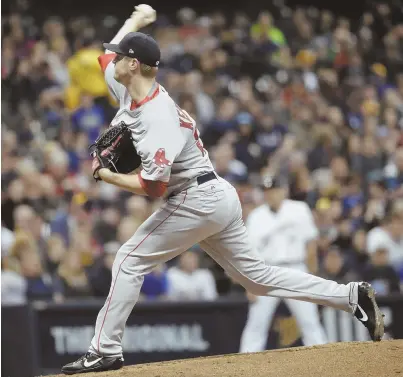  ?? AP PHOTO ?? STILL NOT RIGHT: Kyle Kendrick delivers a pitch during last night’s game in Milwaukee. Kendrick allowed six runs for the second time in as many starts as the Red Sox fell again to the Brewers, 7-4.