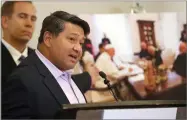  ?? AP PHOTO BY REED SAXON ?? Manuel Vega, who says he was sexually abused by a priest over a five-year period decades ago, talks about his lawsuit against the Vatican, seeking the names of all offenders within the church worldwide, at a news conference in Los Angeles, Oct. 4.