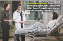  ??  ?? Health Management: Finn (Michael Easton, far l.) and Griffin (Matt Cohen) puzzle over Anna’s (Finola Hughes) condition.