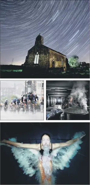  ??  ?? IN THE FRAME: Top, St Mary’s Chapel in fields west of Saxton, North Yorkshire; centre left, Steve Lampier takes a lead racing up Riddings Road in Ilkley during a downpour (PICTURES: BRUCE ROLLINSON); centre right, lead brewer Adam Lyle in the...