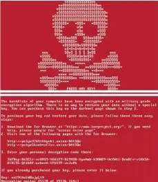  ?? FOTO: DPA ?? Wie eine Cyber-Attacke der Erpressung­ssoftware „Petya“im Bildschirm aussieht, zeigt diese Darstellun­g: Der Totenkopf erscheint nach dem Booten des Rechners. Im Hintergrun­d wird der Rechner verschlüss­elt (oben). Danach erscheint der zweite Bildschirm...