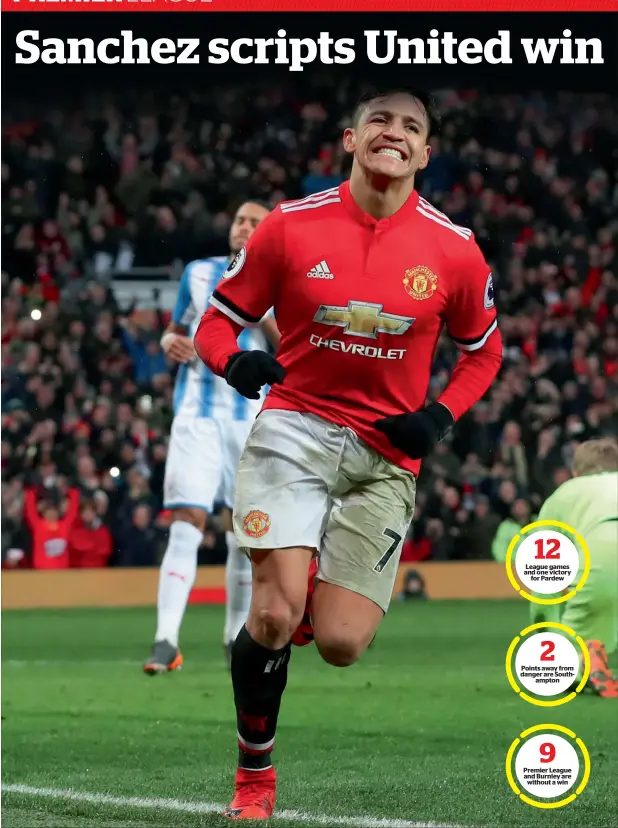  ?? Reuters ?? New signing Alexis Sanchez celebrates his first goal in Man United colours during the Premier League match against Huddersfie­ld Town on Saturday.