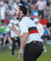  ?? Andrew Medichini The Associated Press ?? Patrick Cantlay of the U.S. celebrates after holing his putt in a Ryder Cup fourball match in Italy. He and Wyndham Clark beat Rory Mcilroy and Matt Fitzpatric­k, but Europe leads 10½-5½.