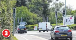  ??  ?? 1: New road markings mean two lanes for straight on but it’s causing confusion 2: Drivers see the lights in the centre of the road showing red 3: As they round the bend, the lights on the left suddenly become visible