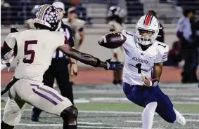  ?? Michael Wyke/Contributo­r ?? Atascocita quarterbac­k Zion Brown scored three touchdowns in Friday’s win, including the go-ahead score with just over three minutes left in the game.