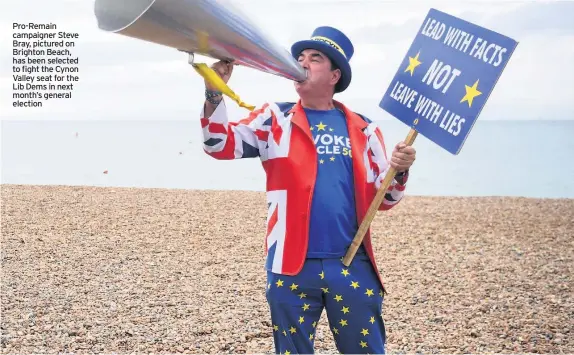  ??  ?? Pro-Remain campaigner Steve Bray, pictured on Brighton Beach, has been selected to fight the Cynon Valley seat for the Lib Dems in next month’s general election