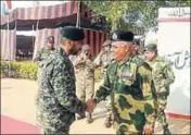  ?? HT PHOTO ?? A flag meeting between the commanders of BSF and Pakistan Rangers was held at the Octroi post in Suchetgarh area of RS Pura in Jammu district on Thursday.