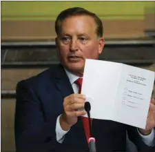  ?? AP PHOTO/CHARLIE NEIBERGALL ?? In this Dec. 14, 2020 file photo, Iowa Secretary of State Paul Pate shows members of Iowa’s Electoral College the official ballot, at the Statehouse in Des Moines, Iowa.