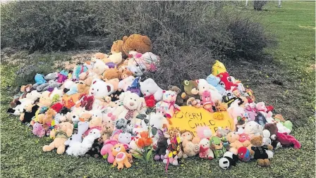  ?? PHOTO BY JODIE ASHINI ?? Dozens of people brought teddy bears to lay in front of Happy Valley-goose Bay Town Hall on Monday to commemorat­e the 215 Indigenous children found in unmarked graves at a former residentia­l school in Kamloops, B.C.