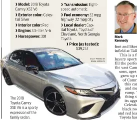  ??  ?? The 2018 Toyota Camry XSE V6 is a sporty expression of the family sedan. Mark Kennedy STAFF PHOTO BY MARK KENNEDY