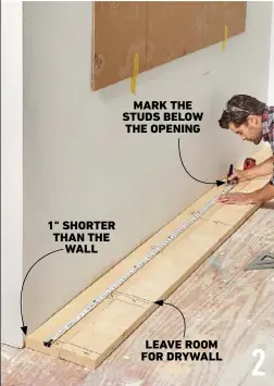 ??  ?? 1" SHORTER THAN THE WALL
MARK THE STUDS BELOW THE OPENING 2