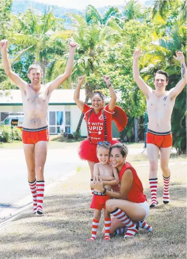  ?? Picture: JUSTIN BRIERTY ?? LIFE CHANGER: Gary Ryan, Sharee Webb, Justin Hodges and (front) Diana Hepworth with son Darcy, who has neurofibro­matosis, practise for the Undies Run on February 18, where Diana and her family will strip down to raise money for children suffering from...